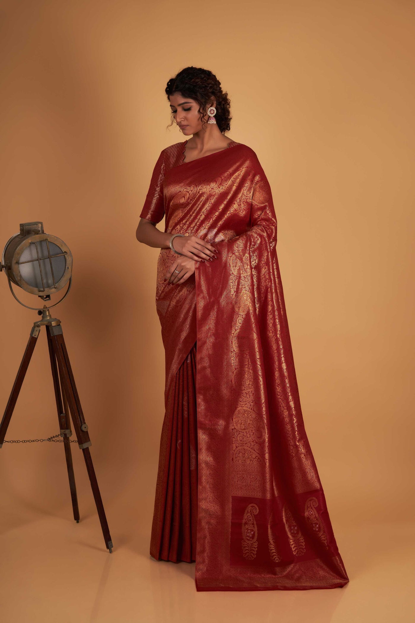 Maroon Gold Copper Silver Zari Kanjeevaram Saree