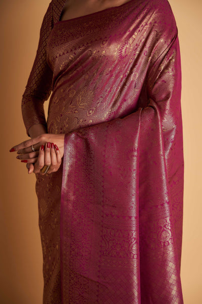 Wine Gold Copper Silver Zari Kanjeevaram Saree