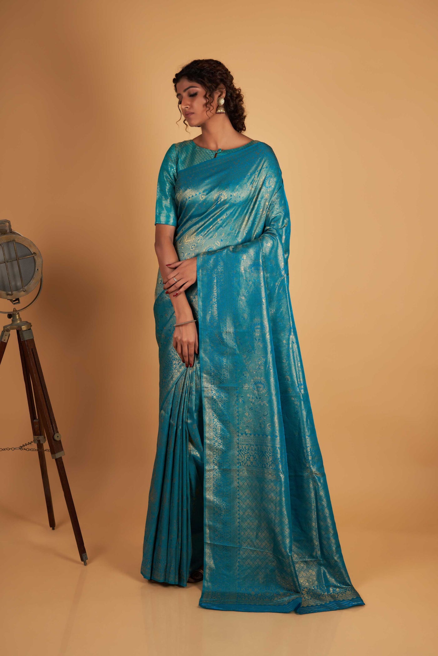 Teal Blue Gold Zari Kanjeevaram Saree