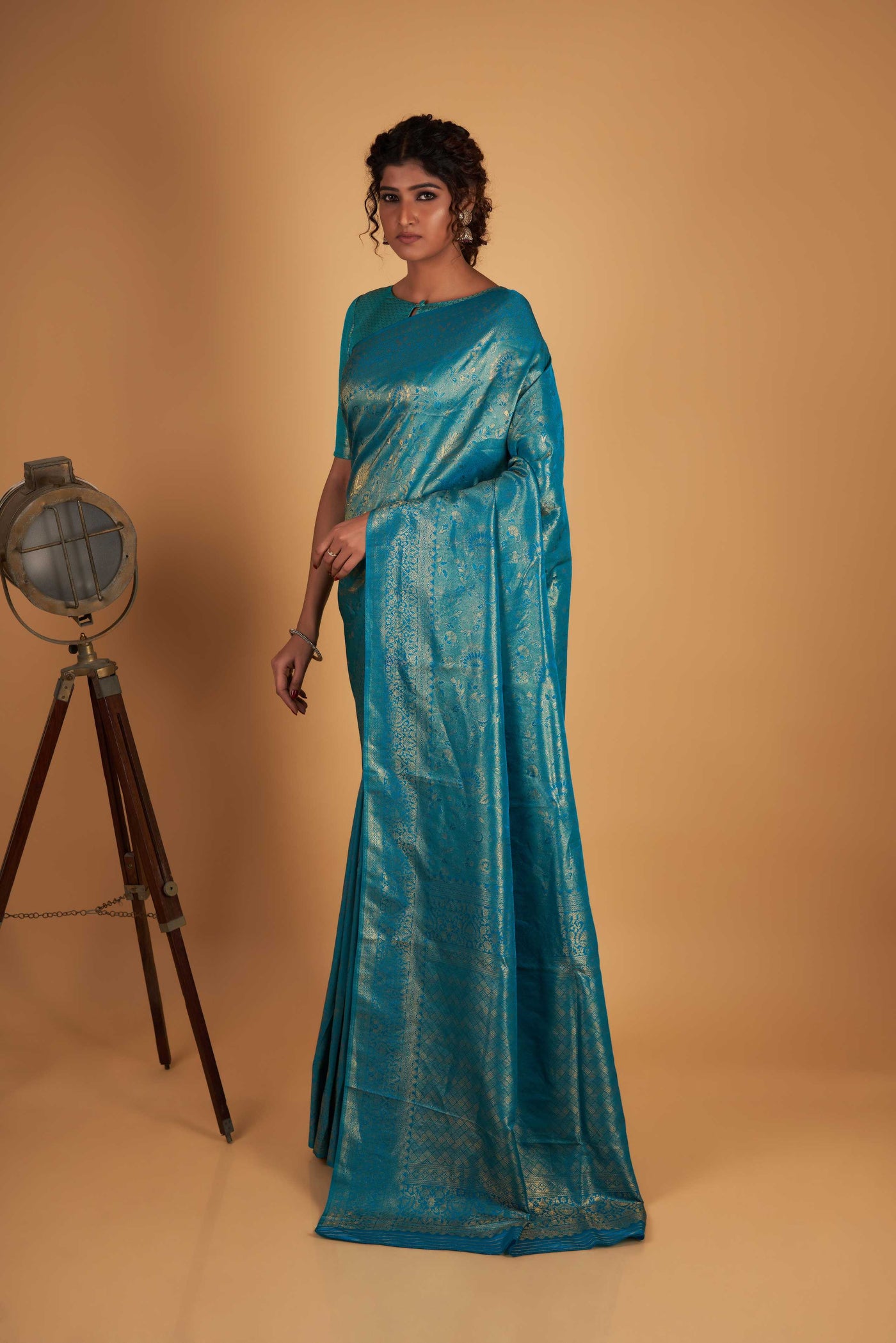 Teal Blue Gold Zari Kanjeevaram Saree