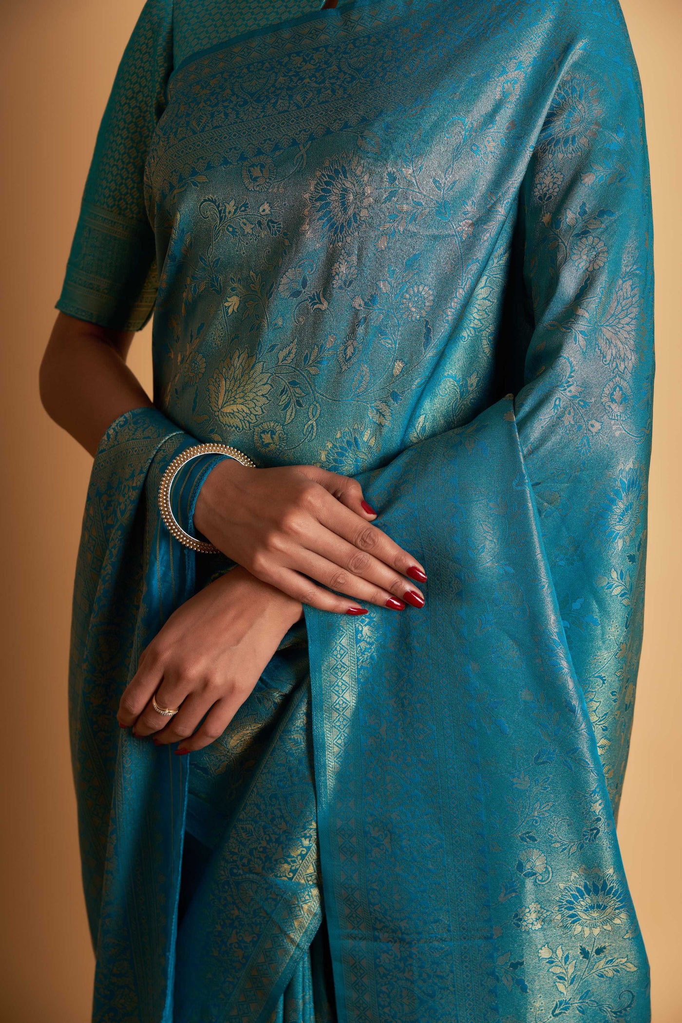 Teal Blue Gold Zari Kanjeevaram Saree