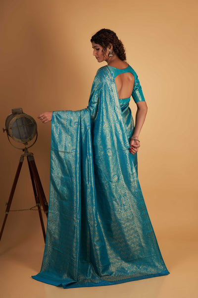 Teal Blue Gold Zari Kanjeevaram Saree