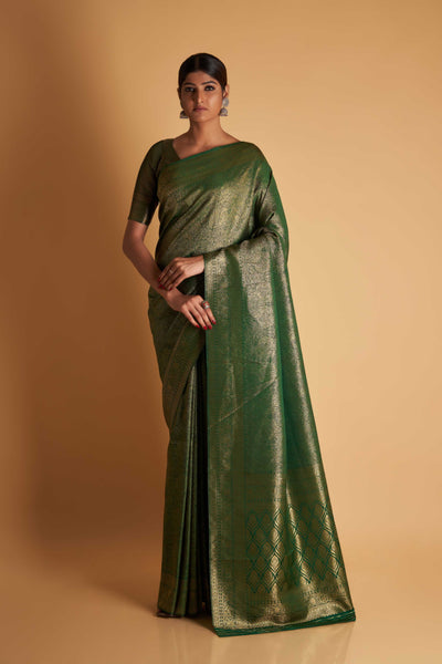 Bottle Green Gold Zari Kanjeevaram Saree