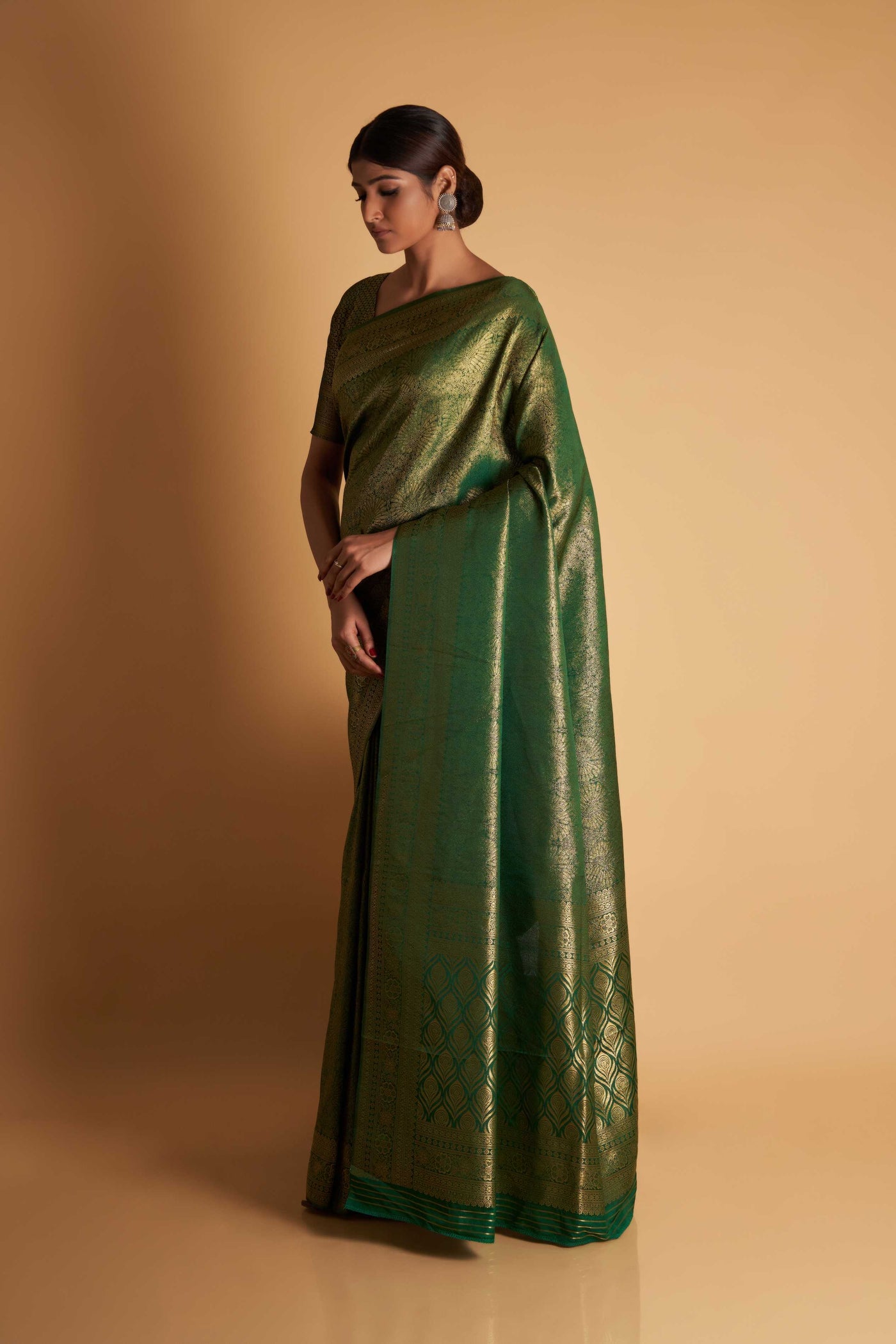 Bottle Green Gold Zari Kanjeevaram Saree