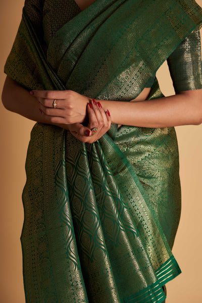 Bottle Green Gold Zari Kanjeevaram Saree