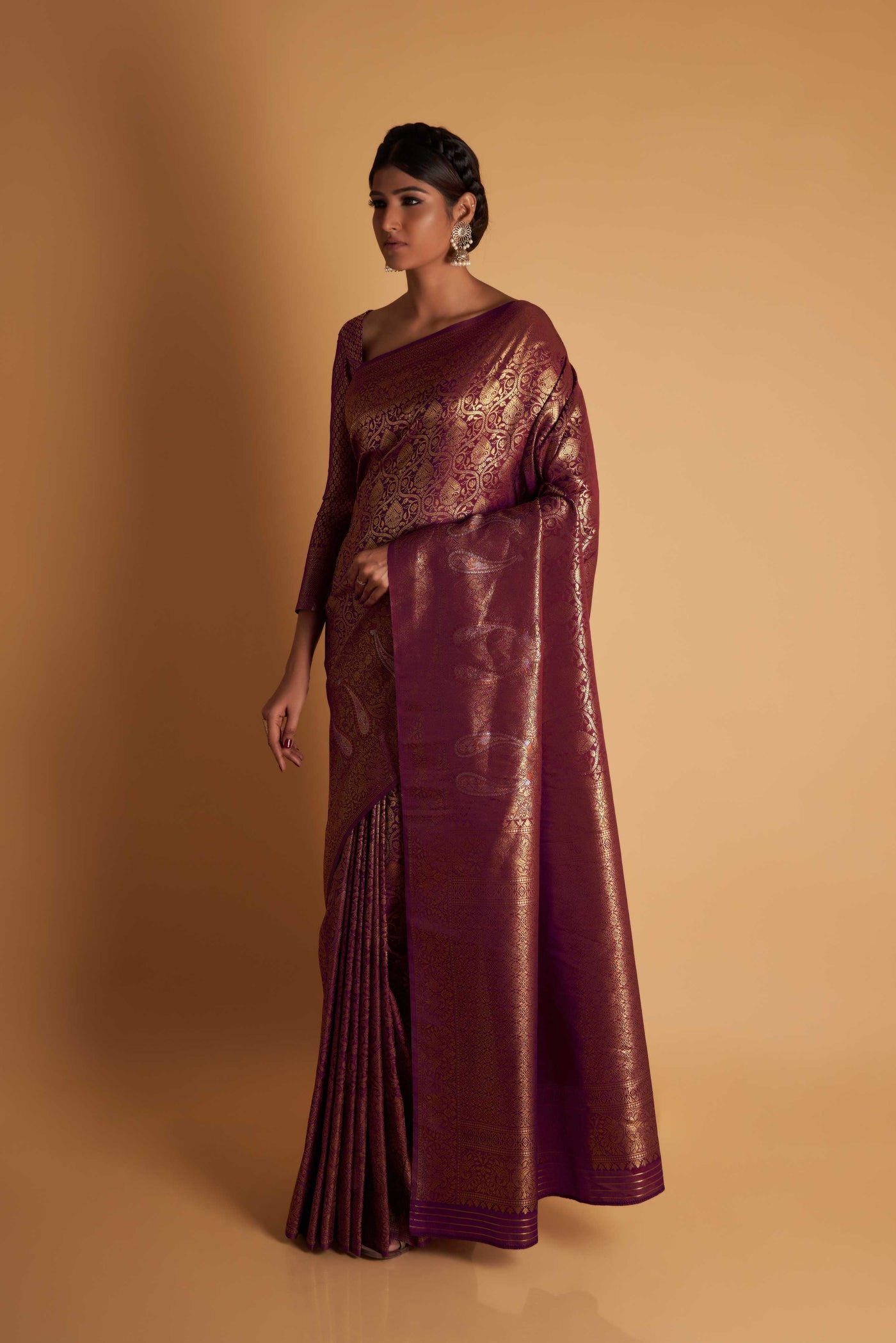 Wine Gold Copper Silver Zari Kanjeevaram Saree