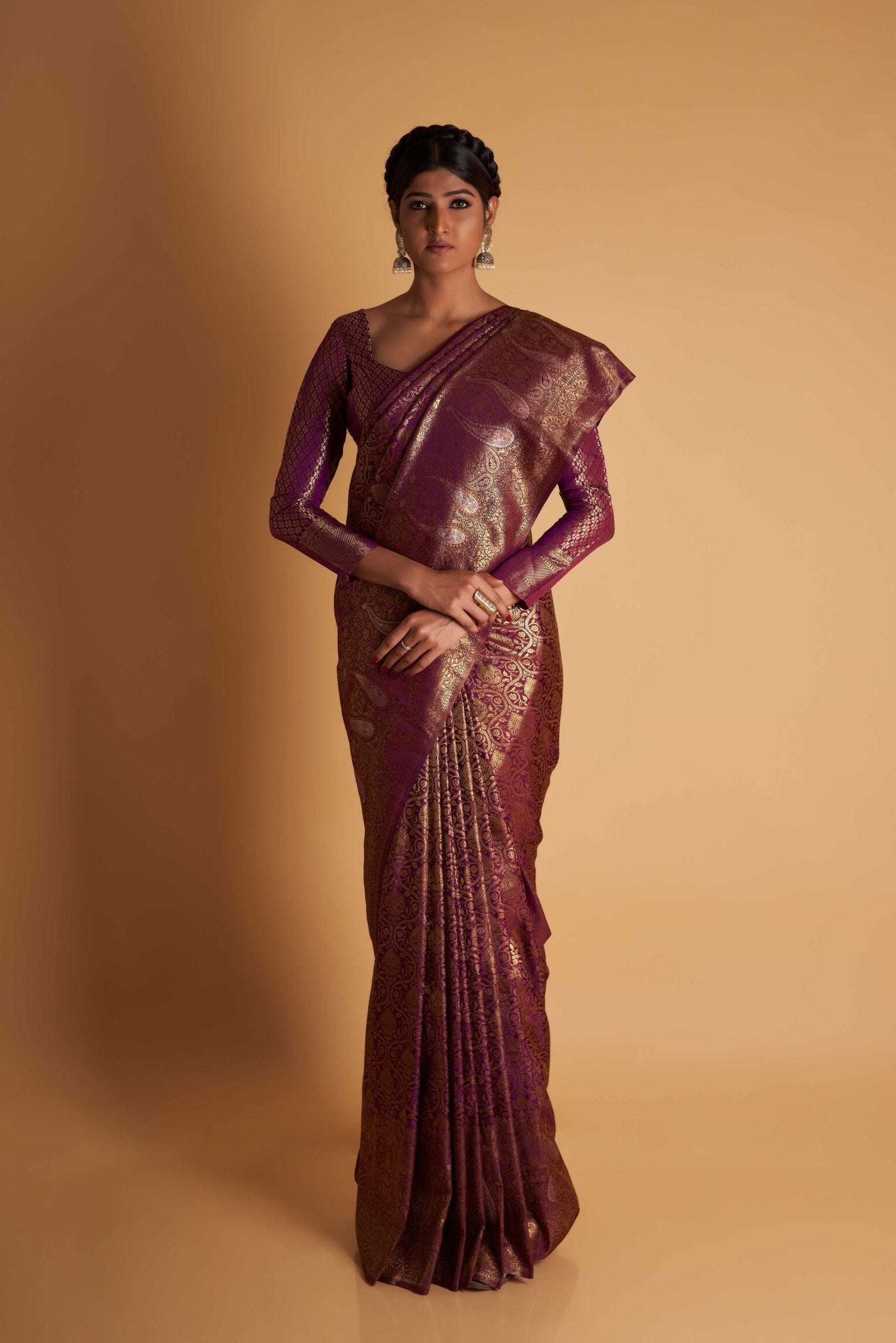 Wine Gold Copper Silver Zari Kanjeevaram Saree