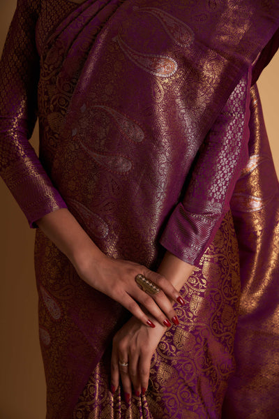 Wine Gold Copper Silver Zari Kanjeevaram Saree