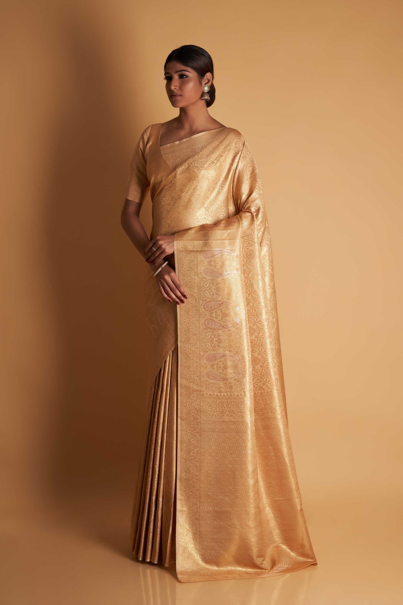 Beige Gold Copper Silver Zari Kanjeevaram Saree