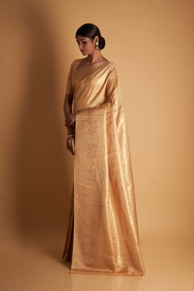 Beige Gold Copper Silver Zari Kanjeevaram Saree