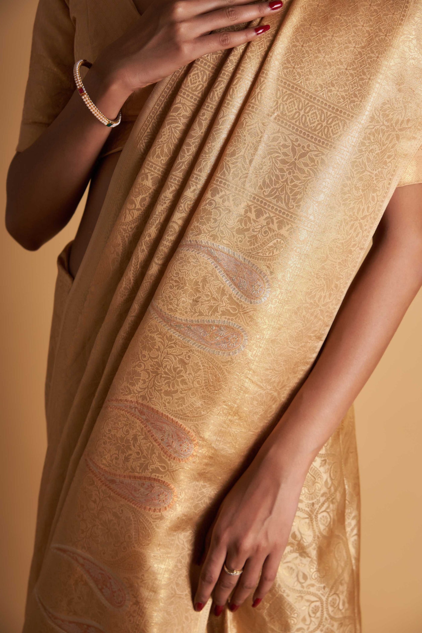 Beige Gold Copper Silver Zari Kanjeevaram Saree