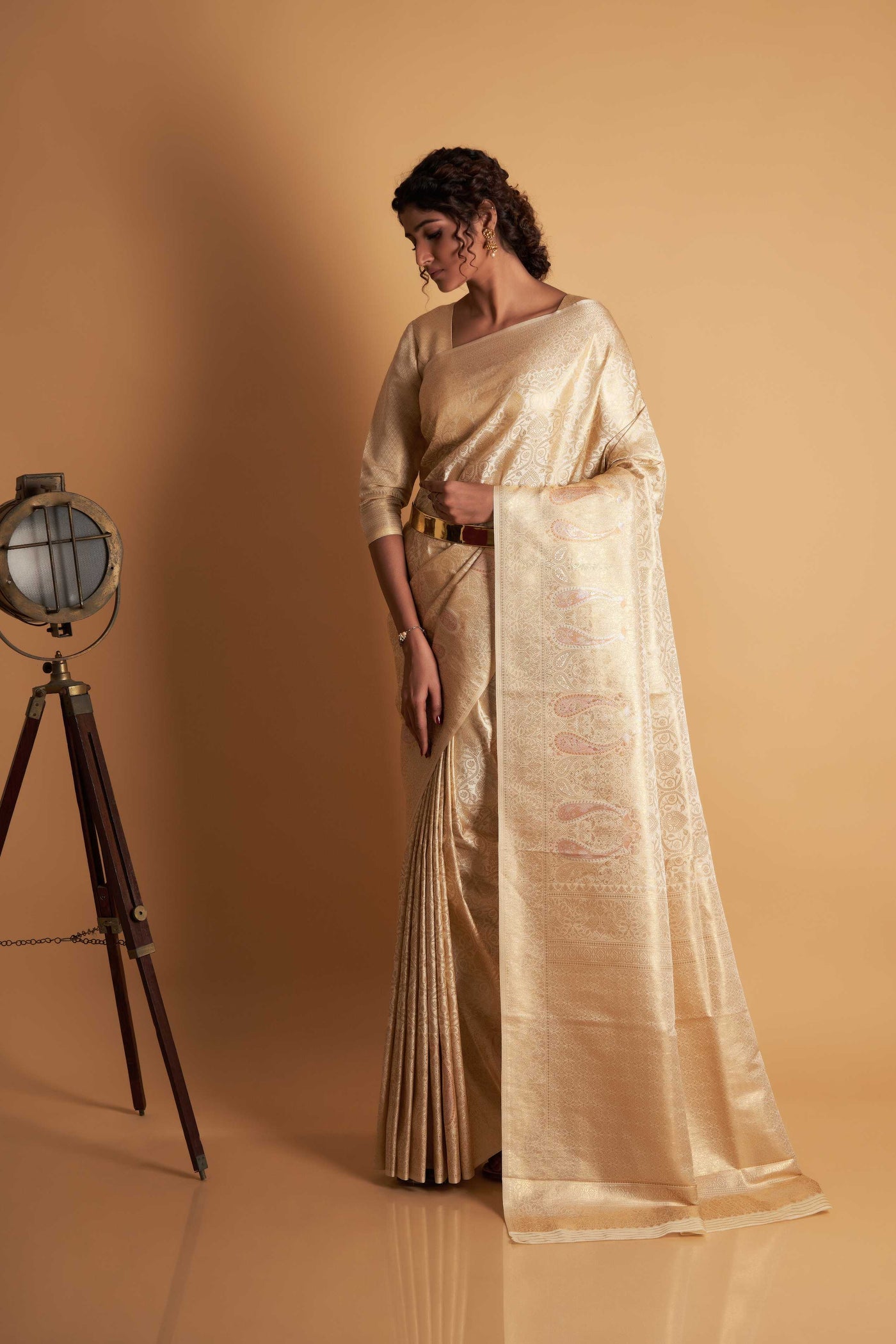 Off-White Gold Copper Silver Zari Kanjeevaram Saree