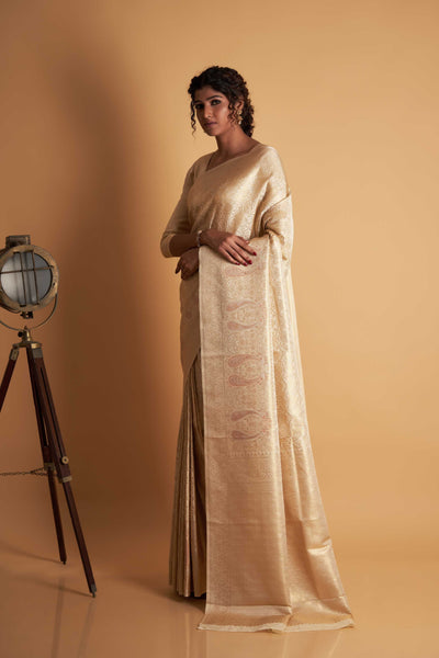 Off-White Gold Copper Silver Zari Kanjeevaram Saree