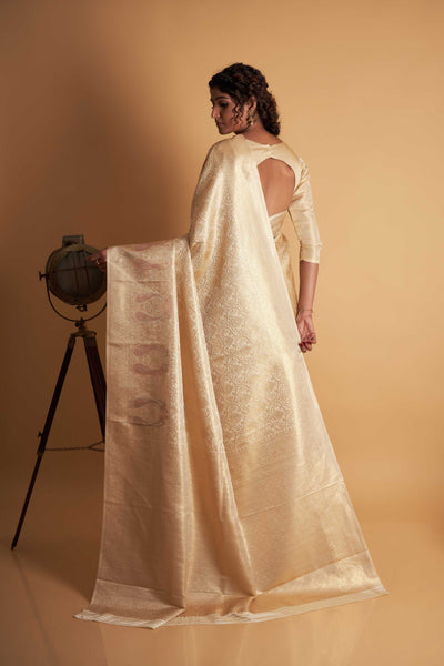 Off-White Gold Copper Silver Zari Kanjeevaram Saree