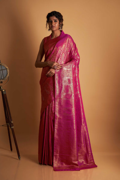 Pink Gold Copper Silver Zari Kanjeevaram Saree