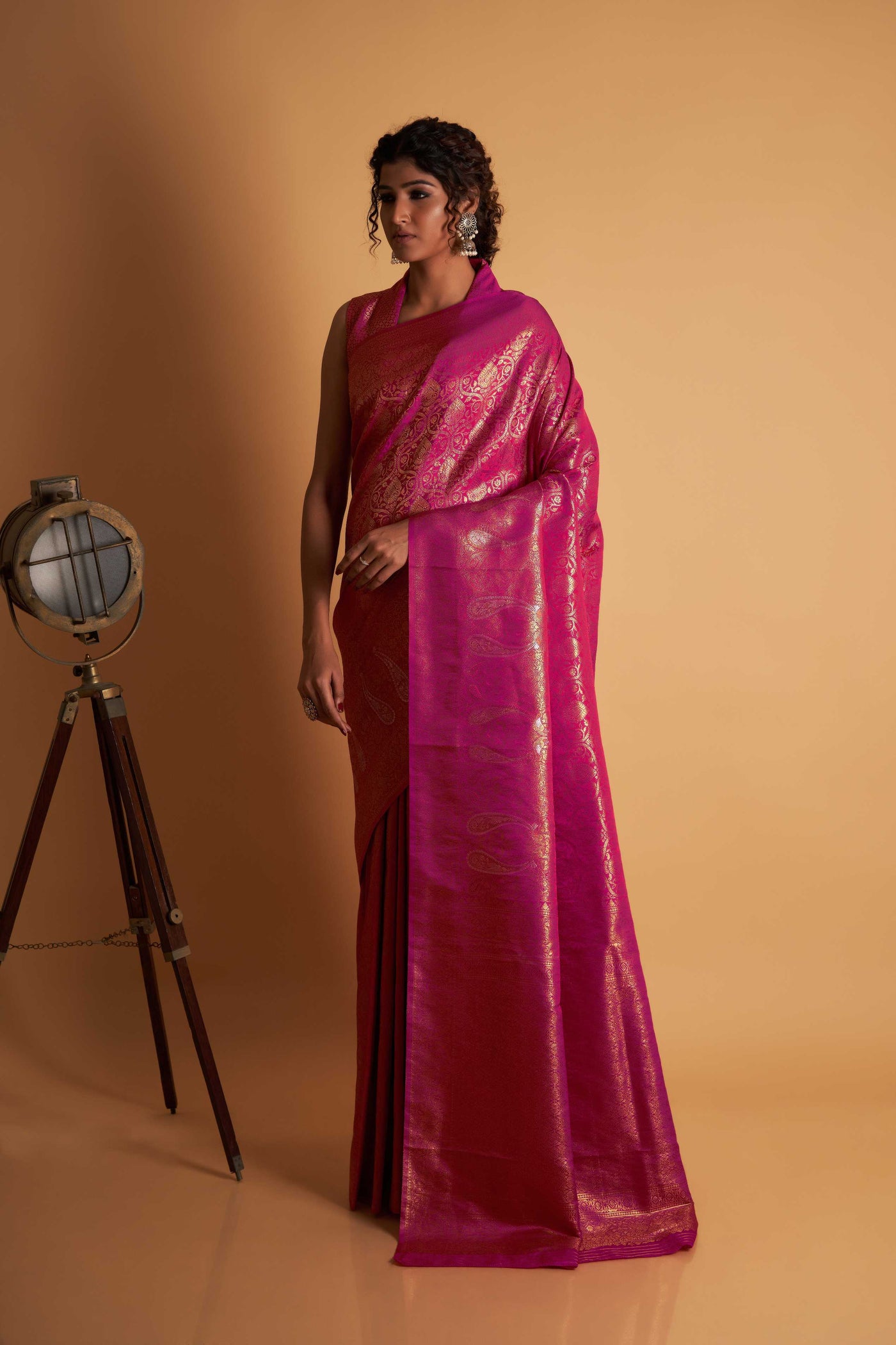 Pink Gold Copper Silver Zari Kanjeevaram Saree
