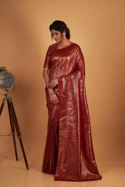 Maroon Gold Copper Silver Zari Kanjeevaram Saree