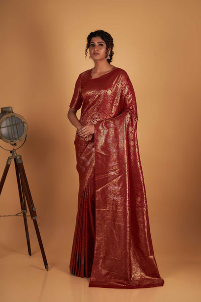 Maroon Gold Copper Silver Zari Kanjeevaram Saree