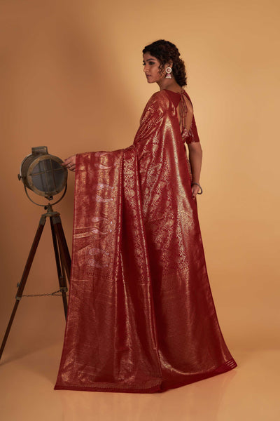 Maroon Gold Copper Silver Zari Kanjeevaram Saree