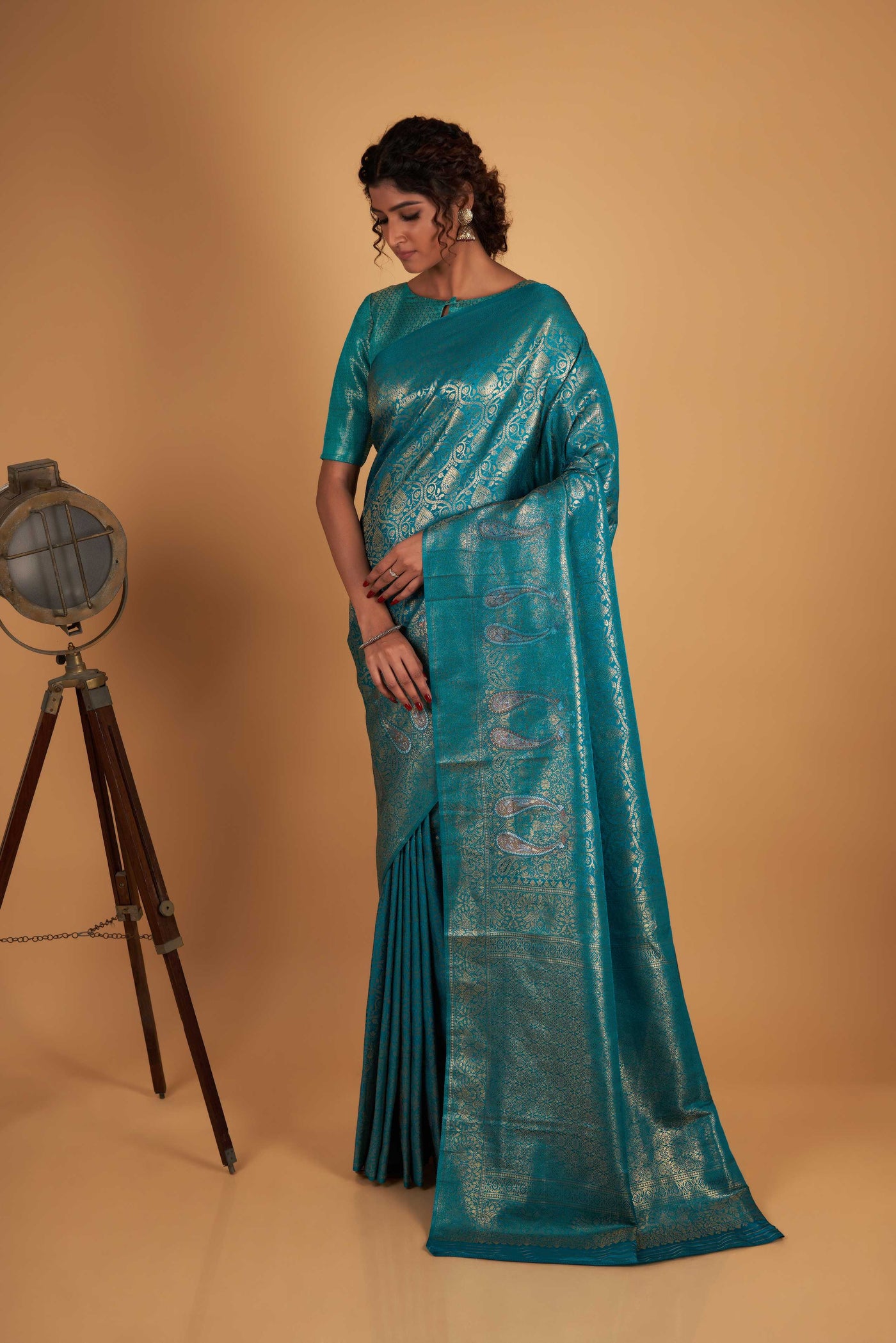 Teal Blue Gold Copper Silver Zari Kanjeevaram Saree