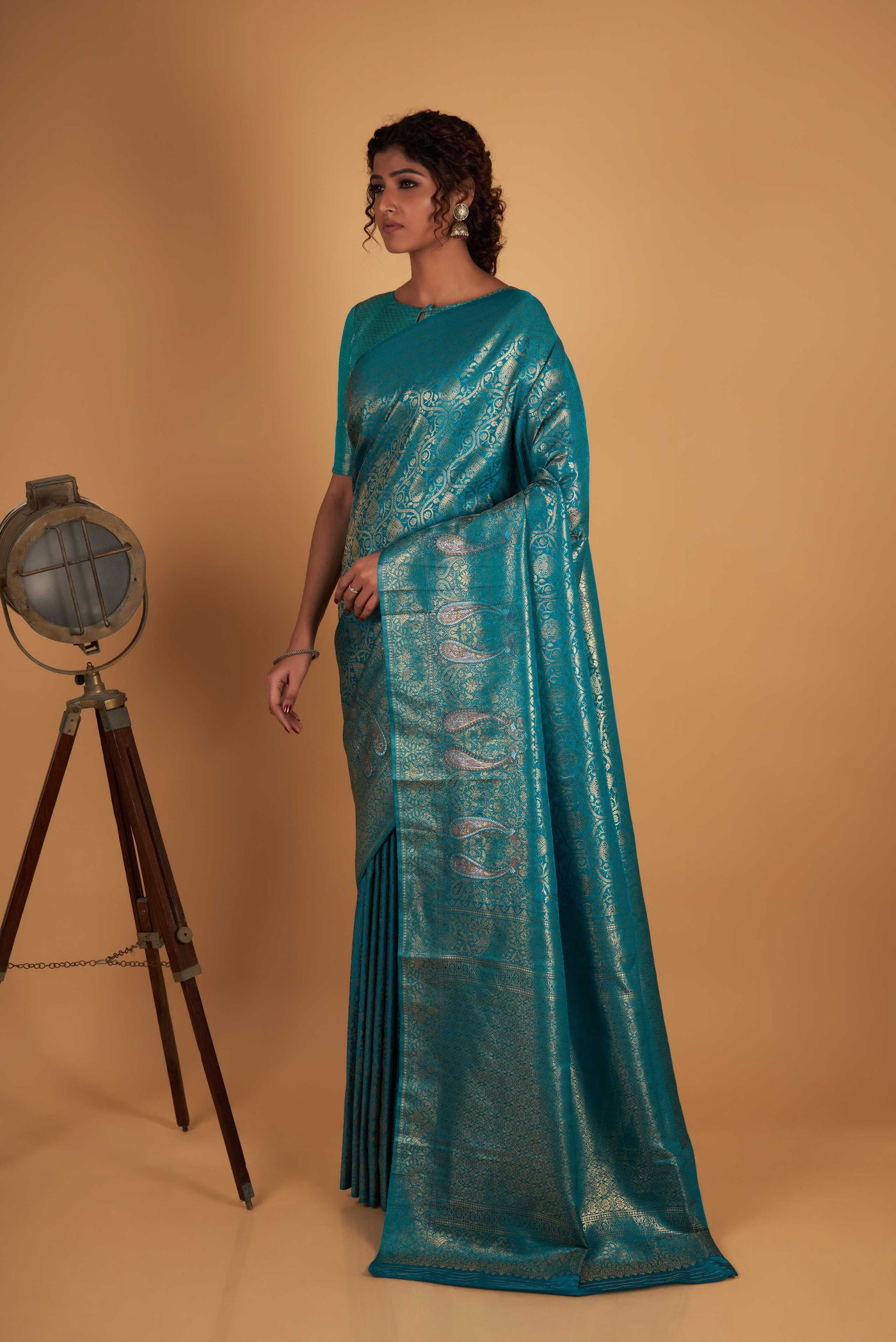 Teal Blue Gold Copper Silver Zari Kanjeevaram Saree