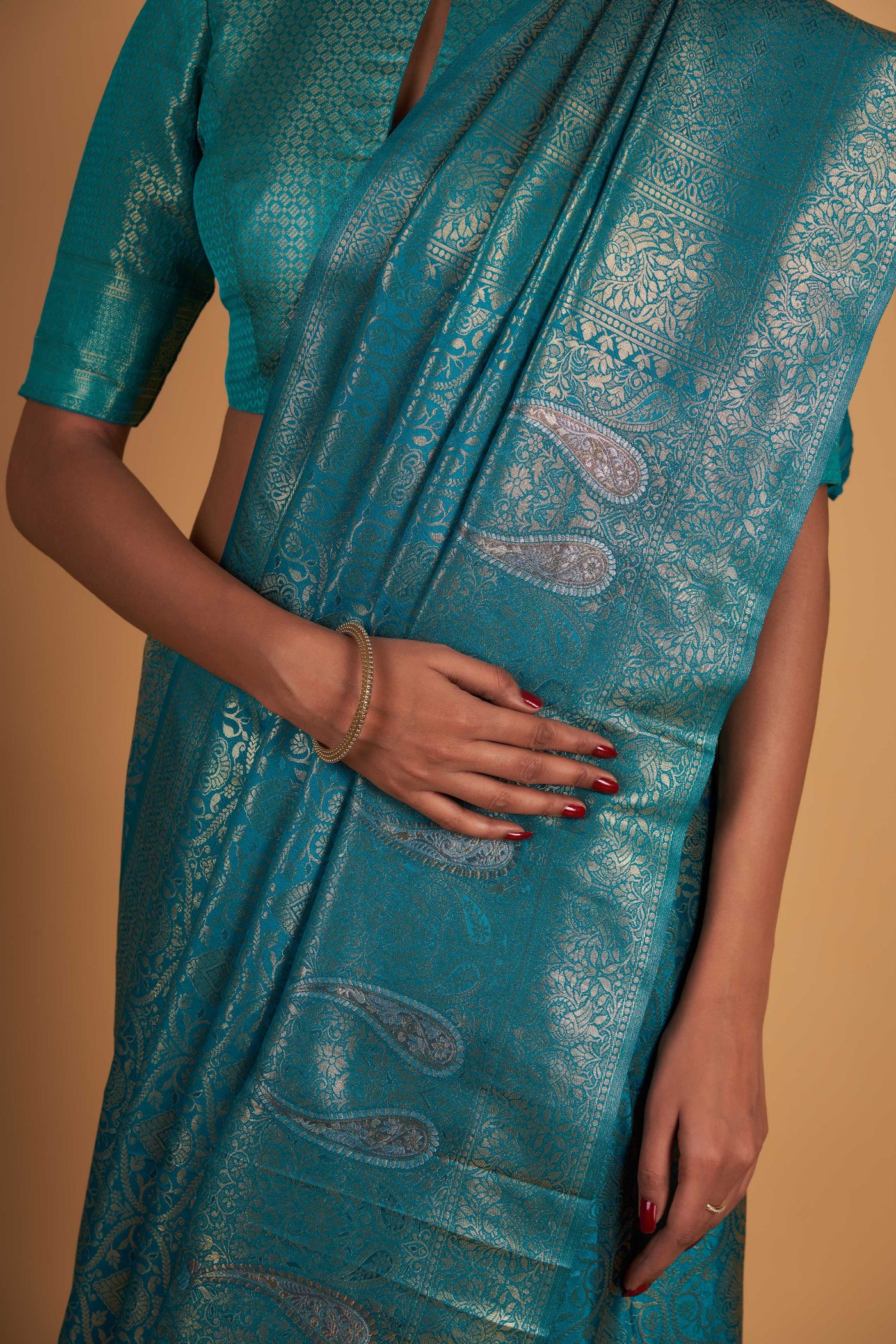 Teal Blue Gold Copper Silver Zari Kanjeevaram Saree