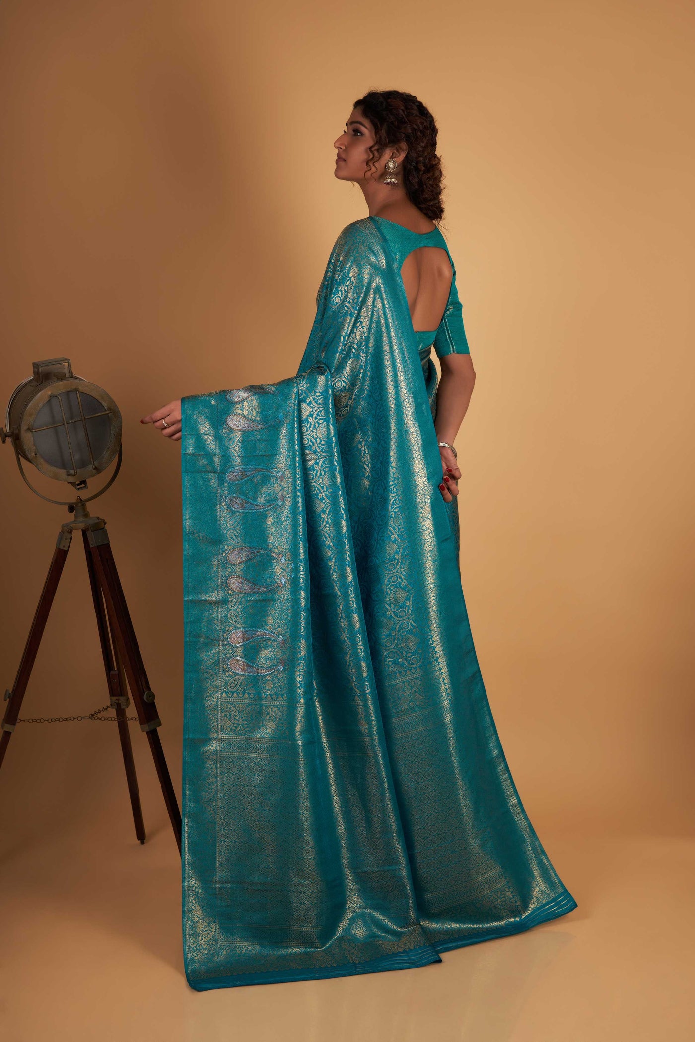 Teal Blue Gold Copper Silver Zari Kanjeevaram Saree