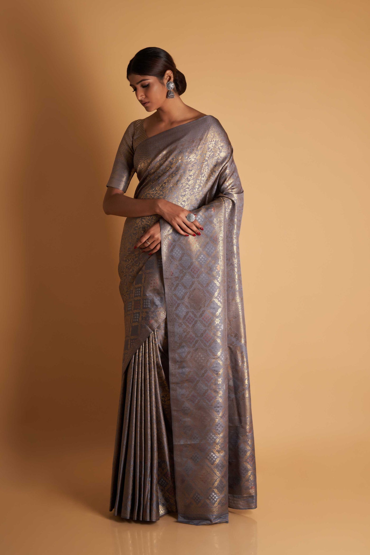 Grey Gold Copper Silver Zari Kanjeevaram Saree