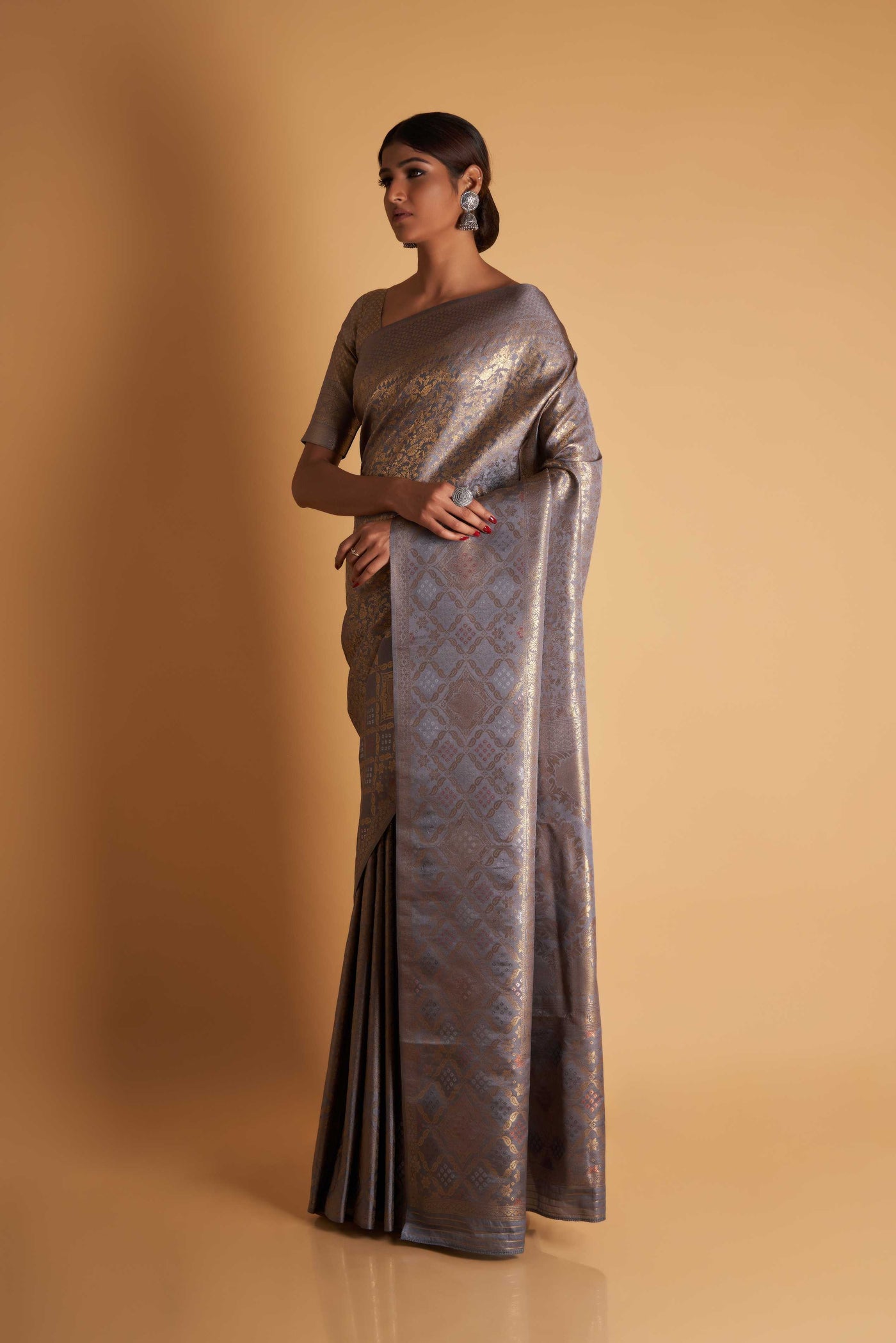 Grey Gold Copper Silver Zari Kanjeevaram Saree