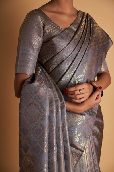 Grey Gold Copper Silver Zari Kanjeevaram Saree