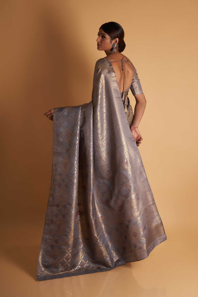 Grey Gold Copper Silver Zari Kanjeevaram Saree