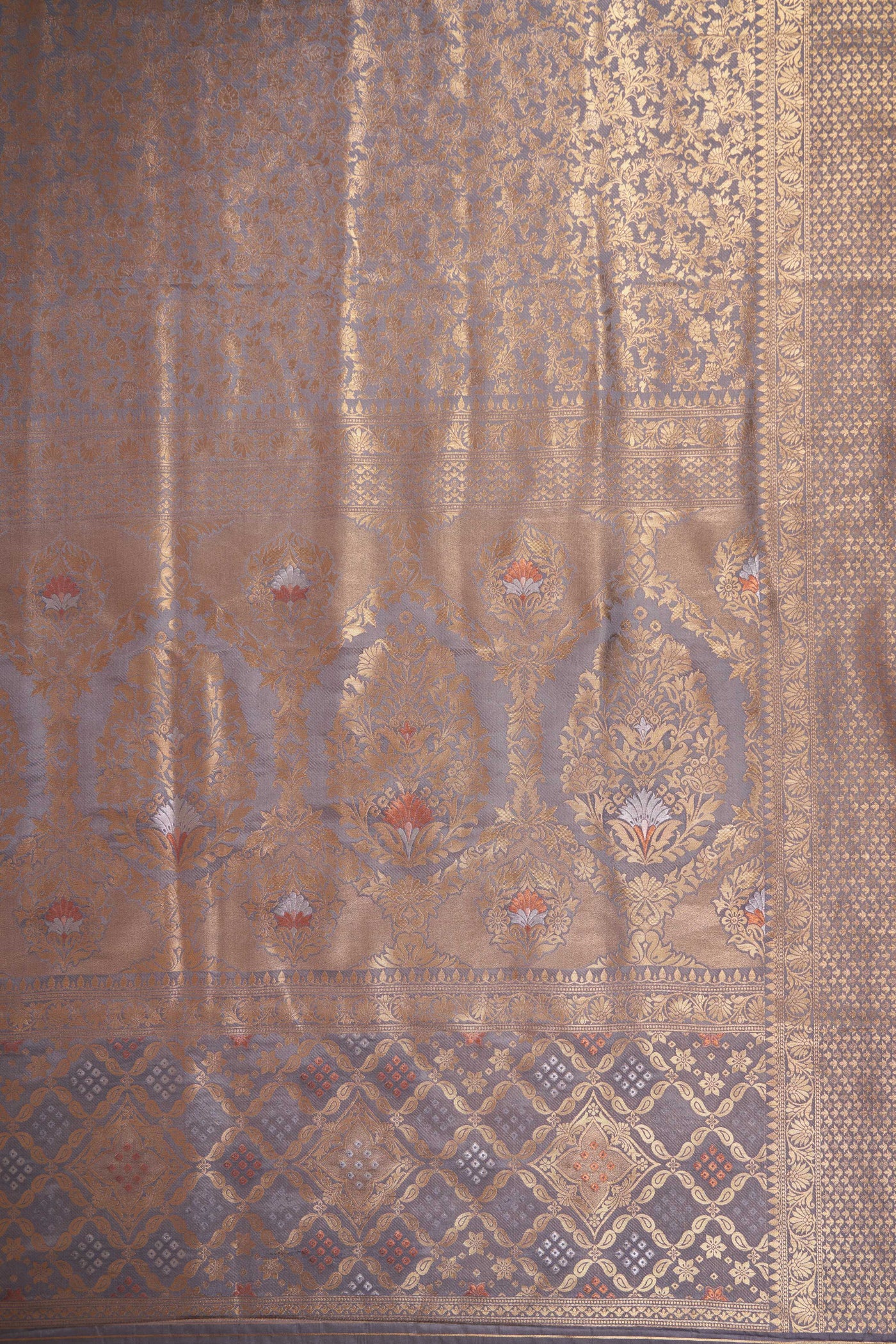 Grey Gold Copper Silver Zari Kanjeevaram Saree