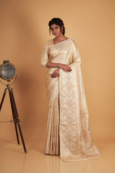 Off-White Gold Copper Silver Zari Kanjeevaram Saree