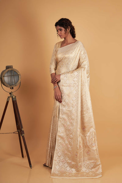 Off-White Gold Copper Silver Zari Kanjeevaram Saree