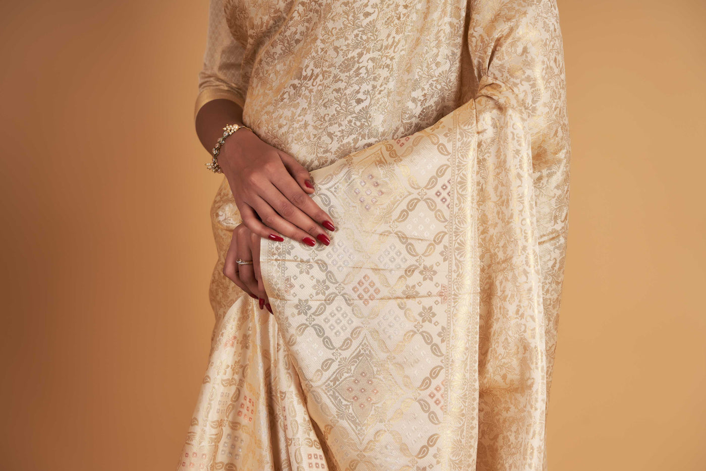 Off-White Gold Copper Silver Zari Kanjeevaram Saree