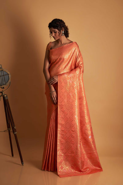 Orange Gold Copper Silver Zari Kanjeevaram Saree