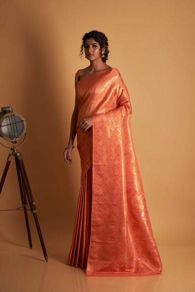 Orange Gold Copper Silver Zari Kanjeevaram Saree