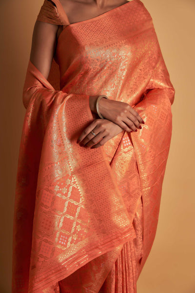 Orange Gold Copper Silver Zari Kanjeevaram Saree