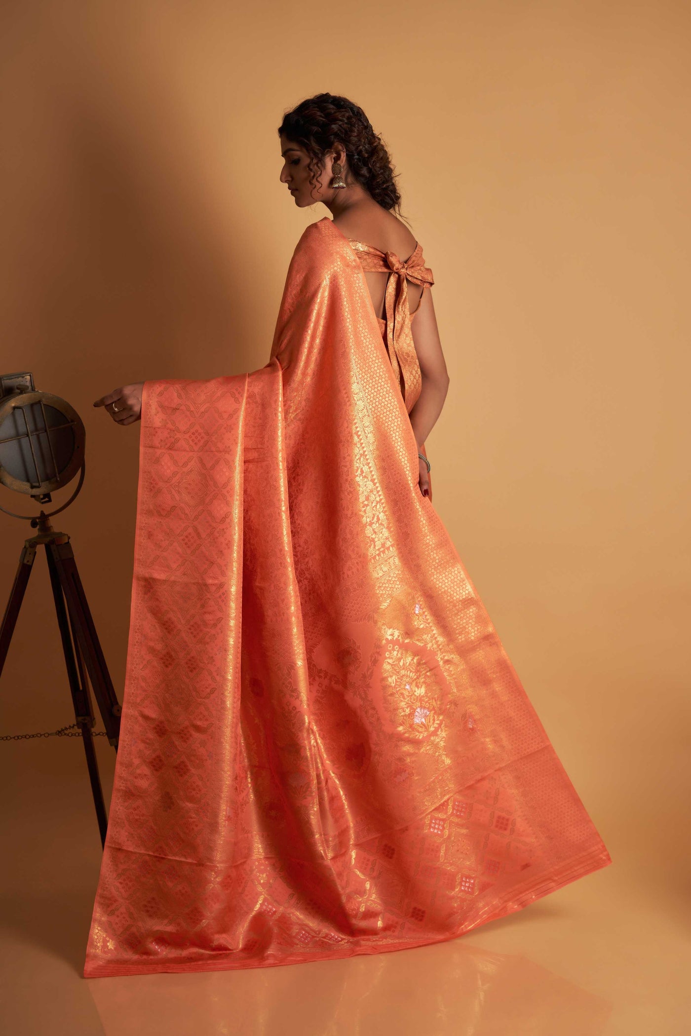 Orange Gold Copper Silver Zari Kanjeevaram Saree