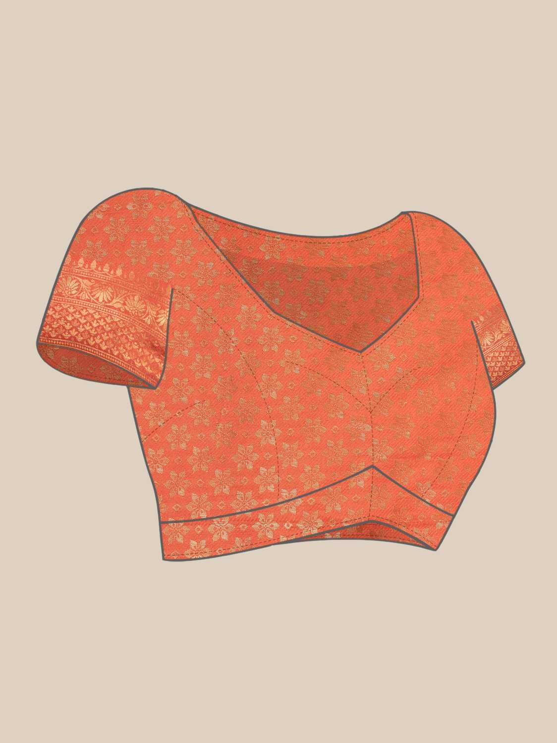 Orange Gold Copper Silver Zari Kanjeevaram Saree