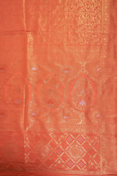 Orange Gold Copper Silver Zari Kanjeevaram Saree