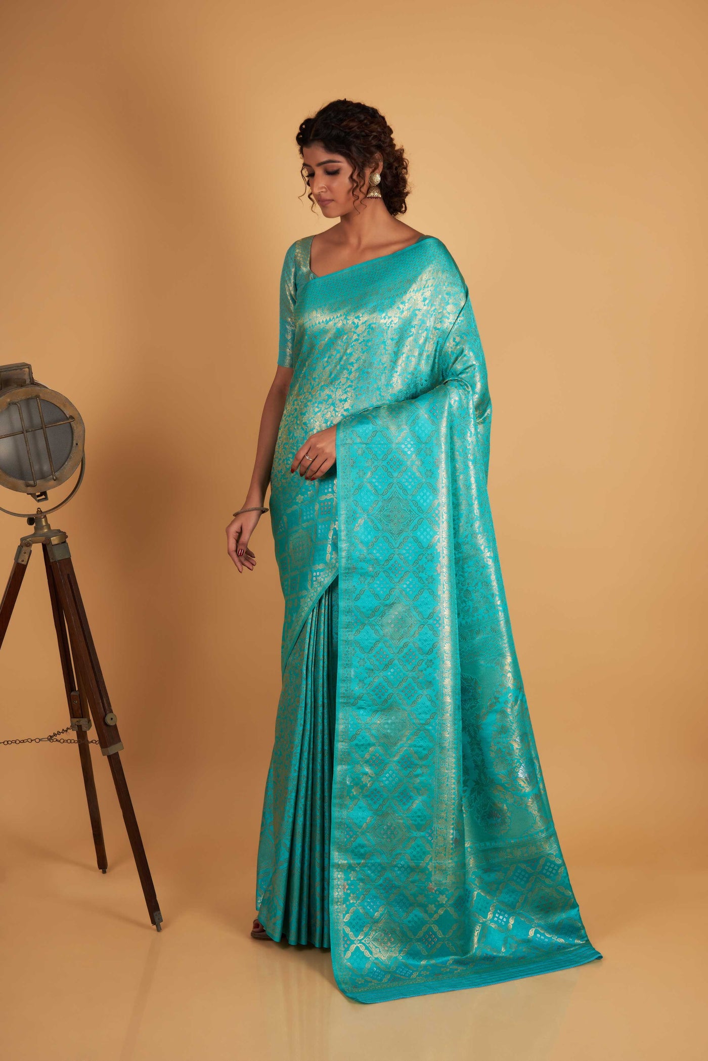 Sky Blue Gold Copper Silver Zari Kanjeevaram Saree