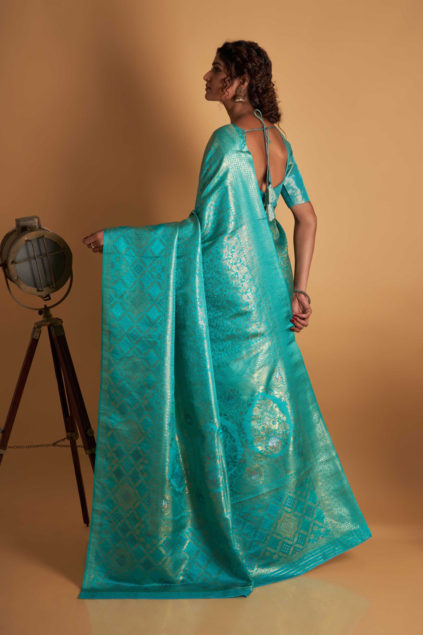 Sky Blue Gold Copper Silver Zari Kanjeevaram Saree