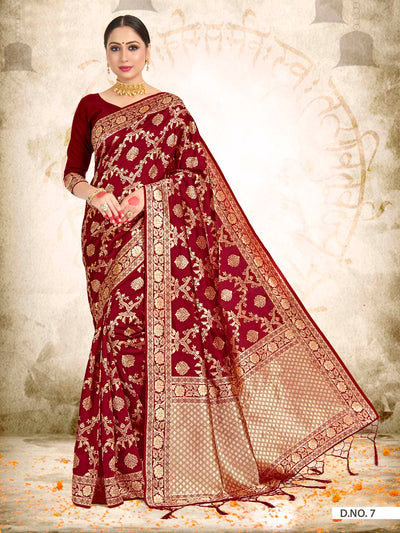Maroon Red Woven Banarasi Saree