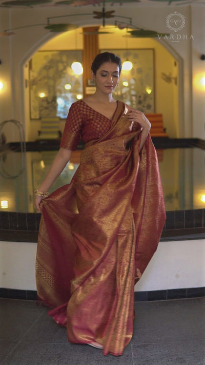 Venetian Red Golden Zari Kanjeevaram Silk Saree