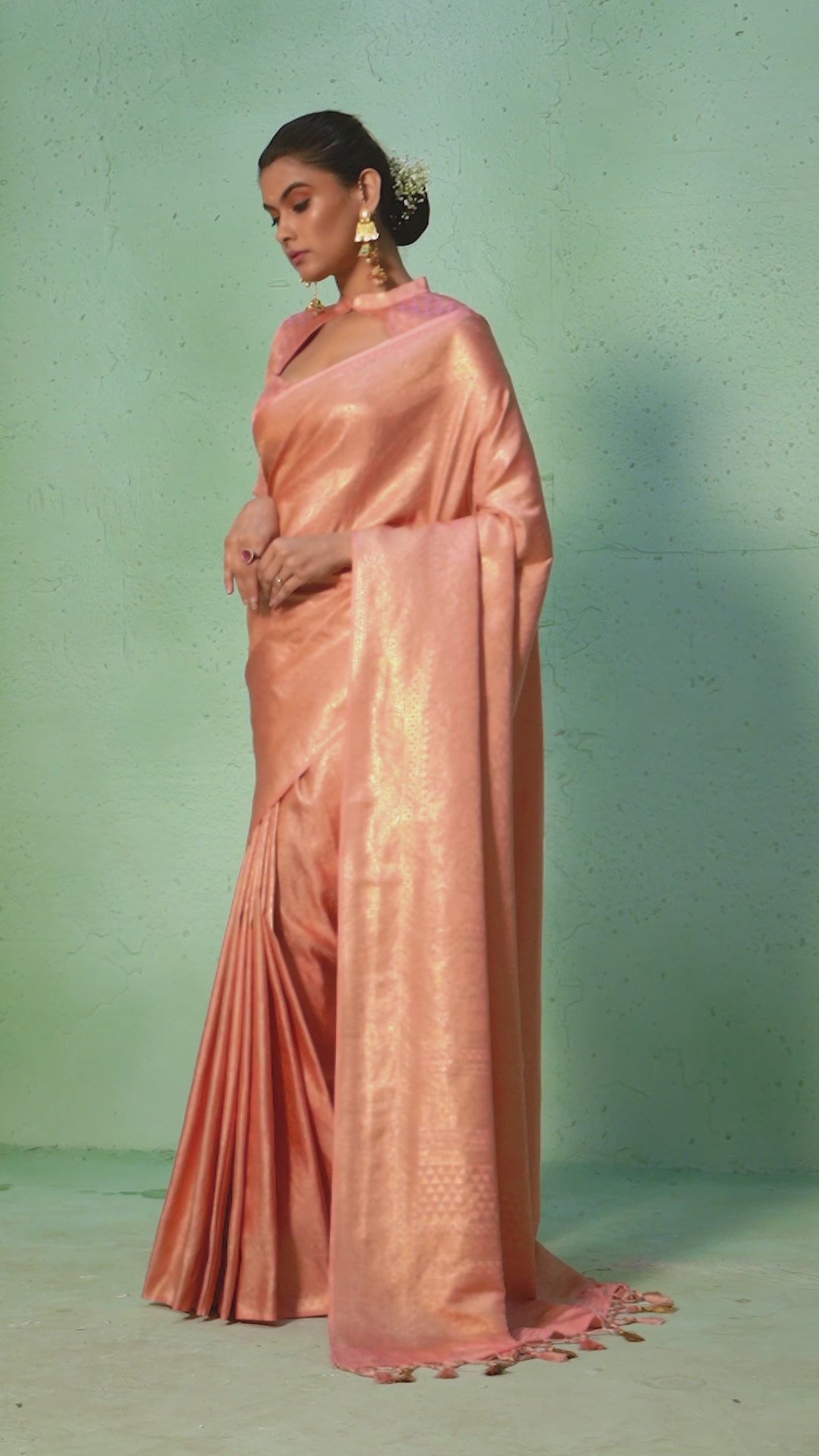 Cherry Pink Gold Zari Kanjeevaram Silk Saree