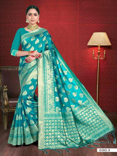 Teal Blue Woven Banarasi Saree