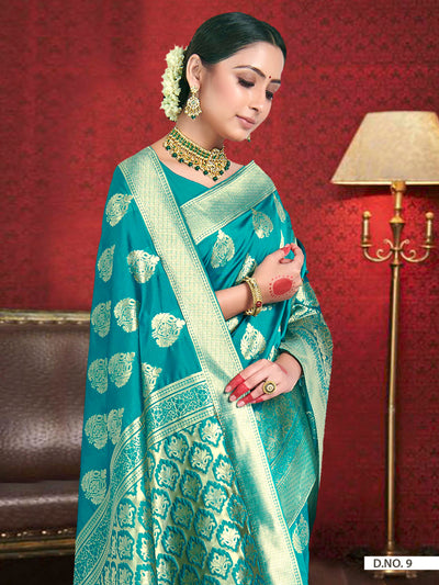 Teal Blue Woven Banarasi Saree