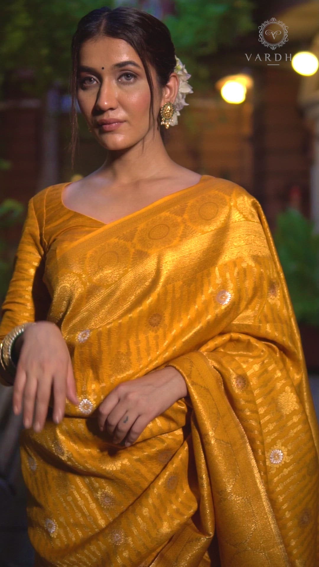 Royal Mustard Yellow Copper-Silver Zari Kanjeevaram Silk Saree | House of Vardha
