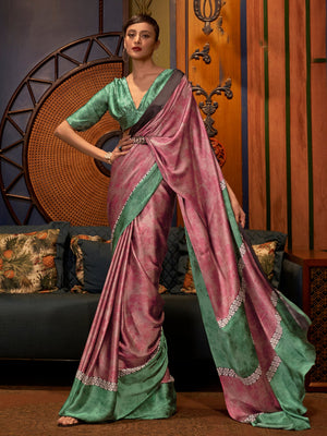 Amaranth and viridian Bollywood crepe saree featuring stylish digital print, ideal for festive occasions.